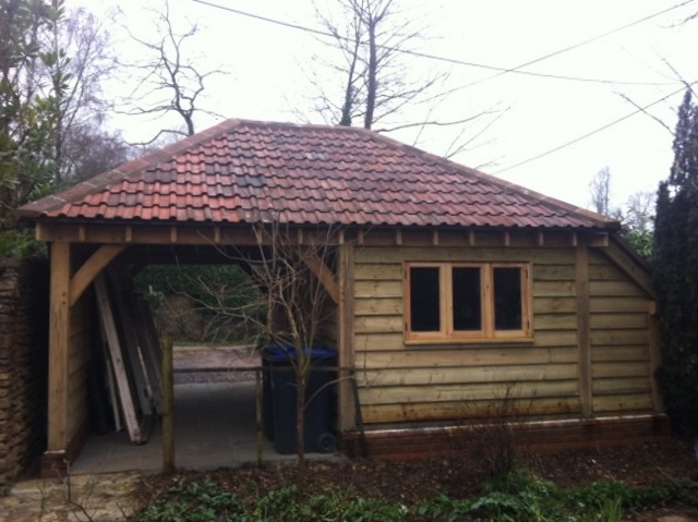 two bay oak garage with hip roof