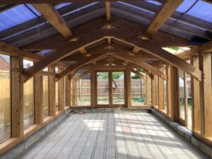 Internal view of oak framed garden room supplied and fitted in Kent.